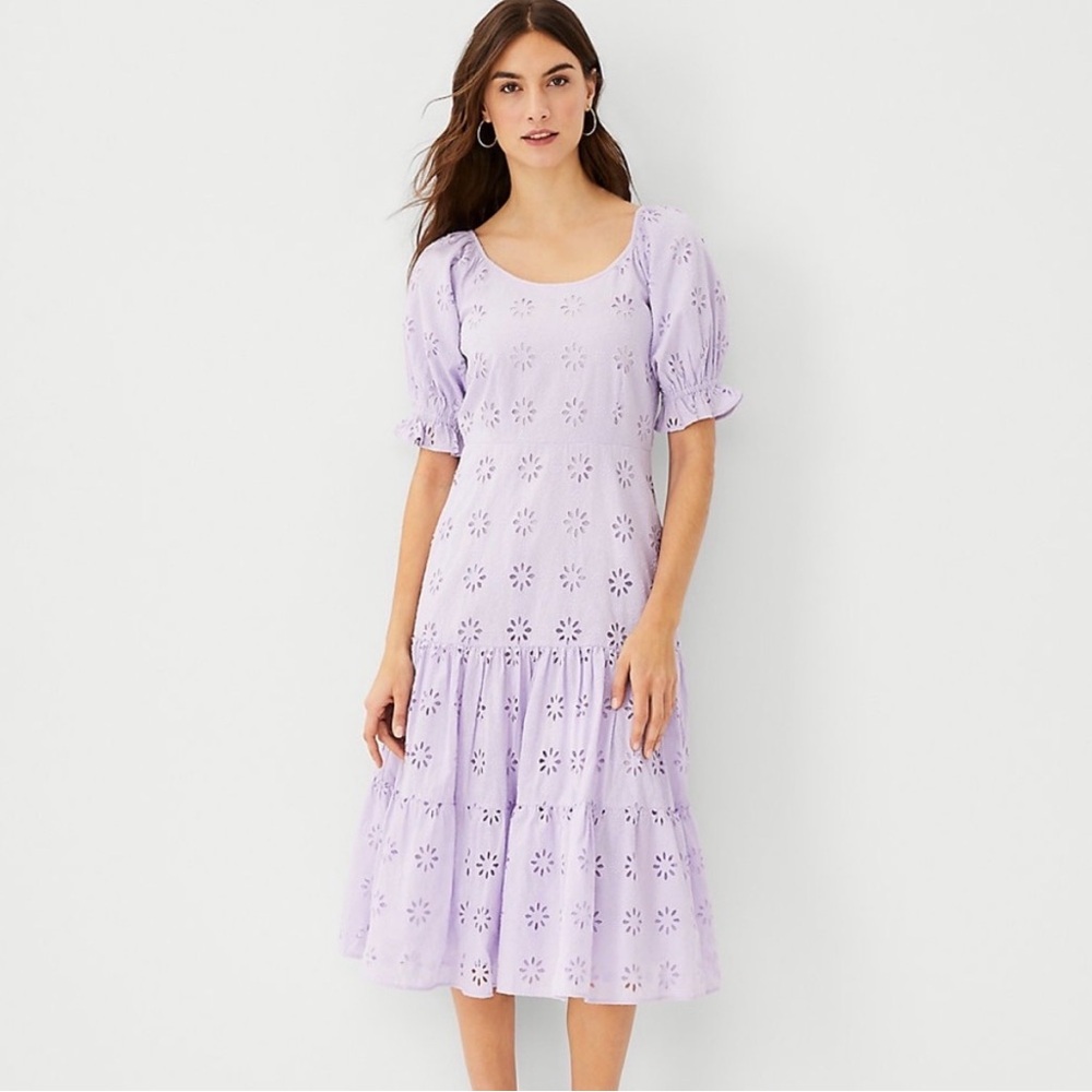 Ann Taylor Eyelet Scoop Neck Midi Dress in Lavender Size 4